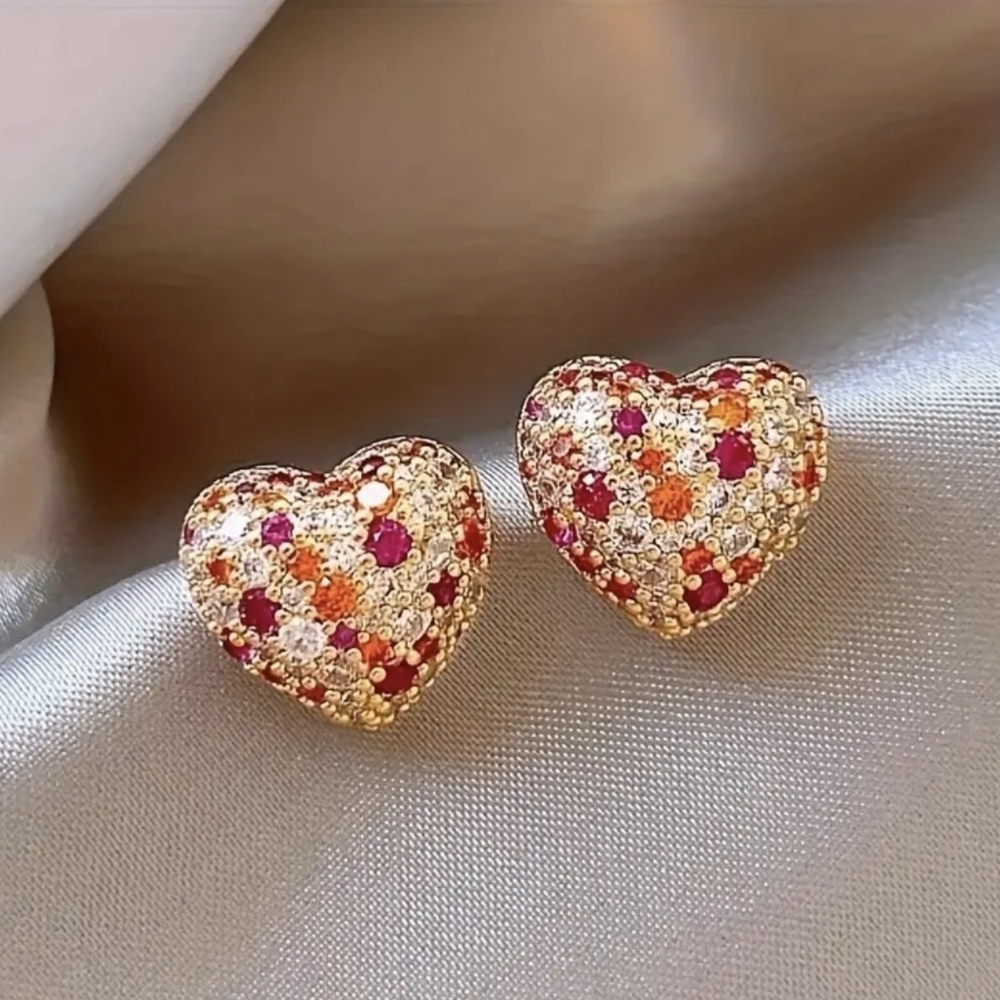 Dazzling Heart-Shaped Gold and Red Earrings